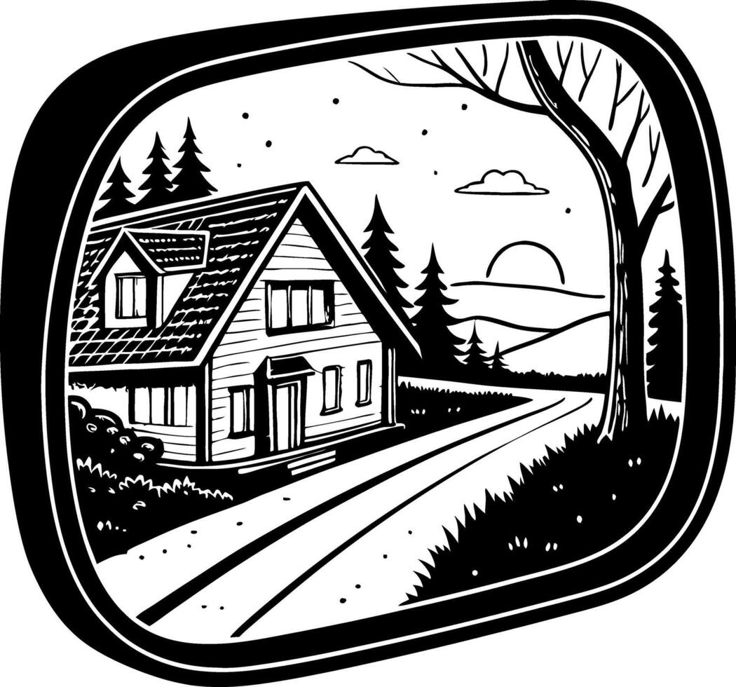 Scenic View of Cozy House and Landscape Reflected in Rearview Mirror Illustration vector