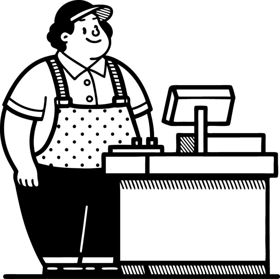 Cartoon Cashier Character Standing at Checkout Counter in Polka Dot Overalls vector