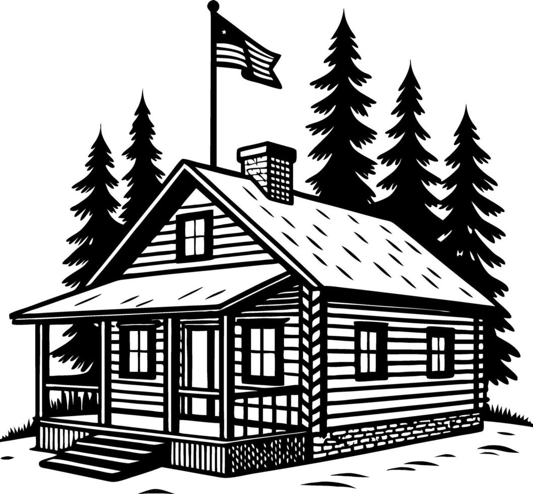 Charming Rustic Cabin Surrounded by Tall Pine Trees American Flag Banner vector