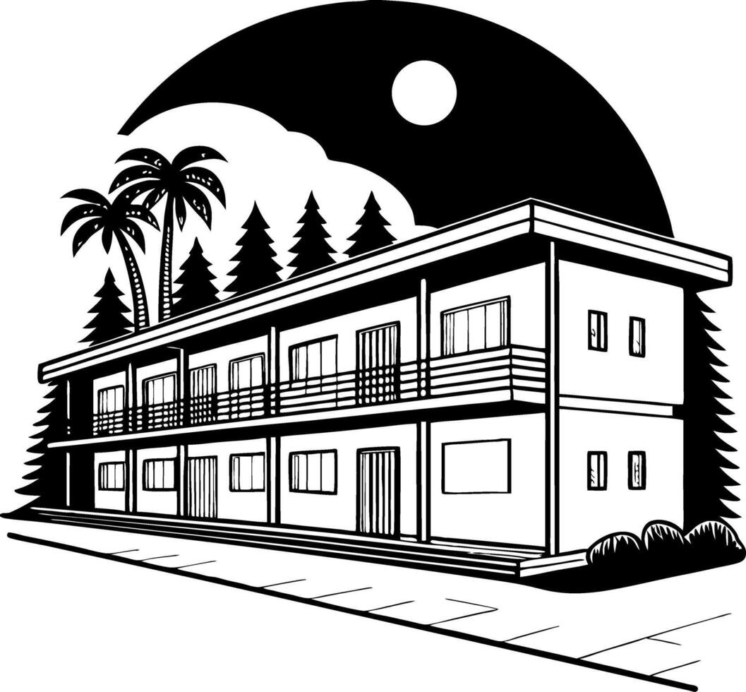 Vintage Style Hotel Building Surrounded by Palm Trees and Pine Forest at Night vector