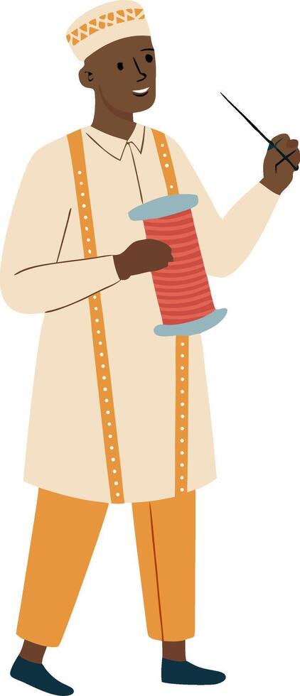 Tailor Holding Spool of Thread with Needle in Hand Traditional Clothing Design Element vector