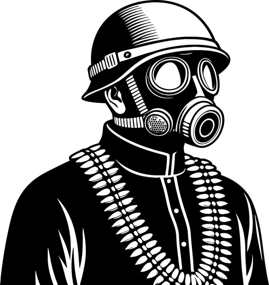 Retro Warrior Wearing Gas Mask and Helmet with Beaded Neckline for Unique Tattoo Design vector