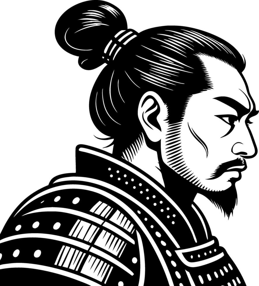 Samurai Warrior Monochrome Profile Illustration for Tattoo Design and Coloring Book vector