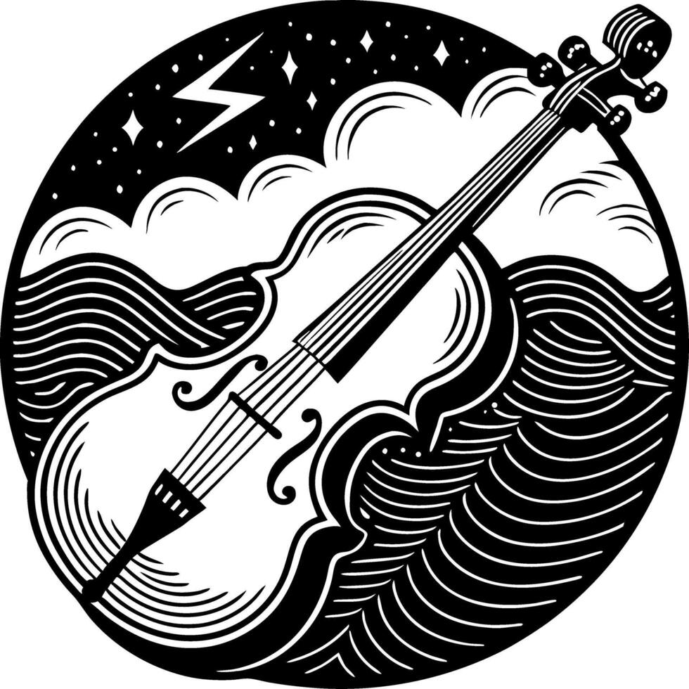 Violin Surrounded by Waves and Stars in a Circular Design for Music and Art Themes vector