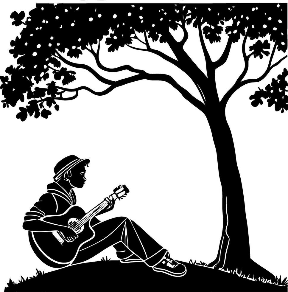 Musician Playing Guitar Under a Tree for Relaxation and Nature Inspiration vector