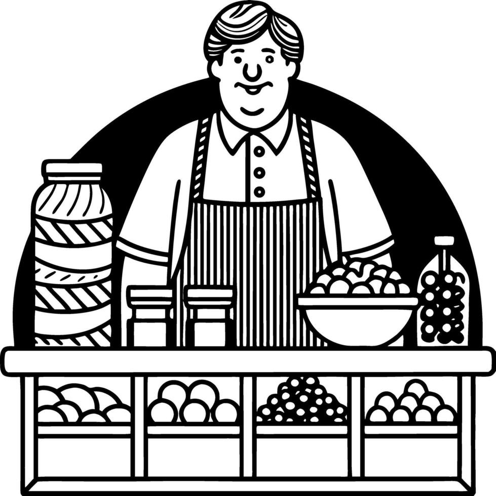 Friendly Grocer Behind Counter with Fresh Produce Jars and Bowls for Market or Shop Design vector