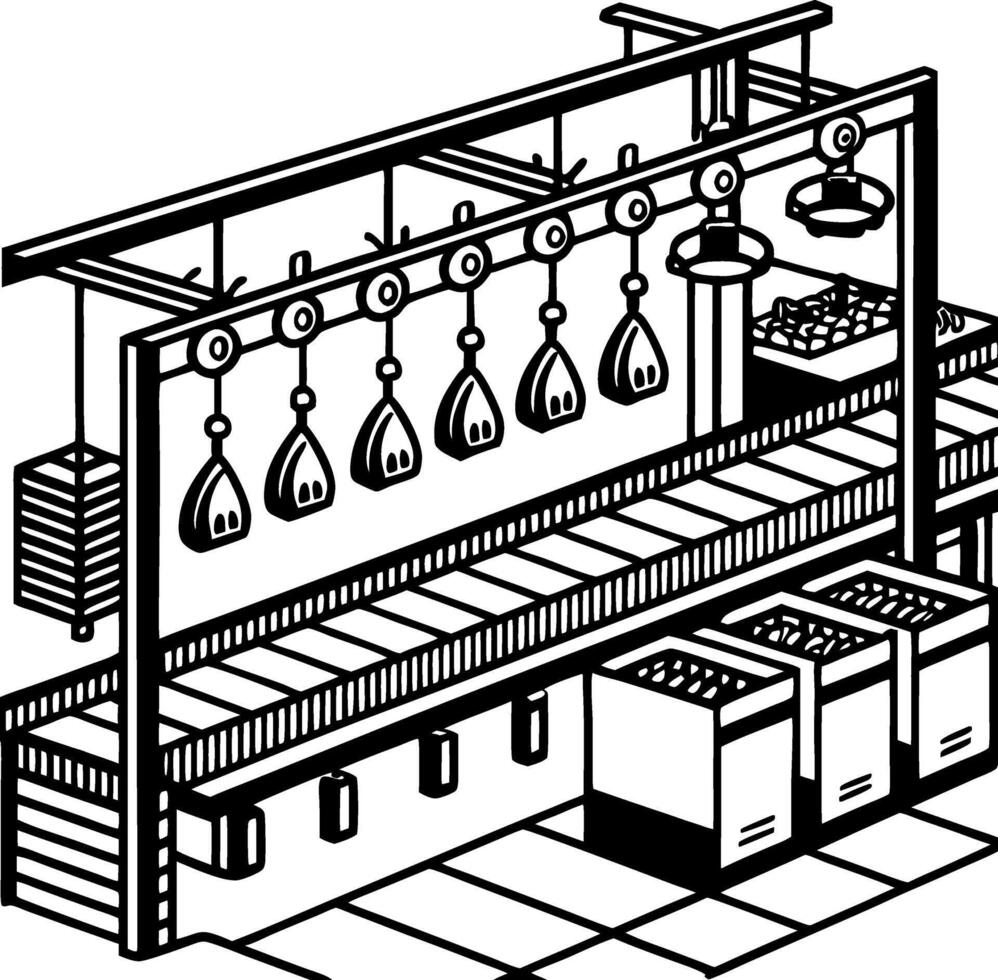Detailed Illustration of Industrial Food Production Line with Scales and Bins vector