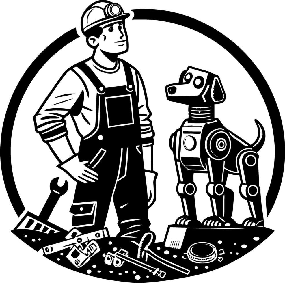 Mining Worker and Robot Dog Emblem Design for T-Shirts and Logos vector