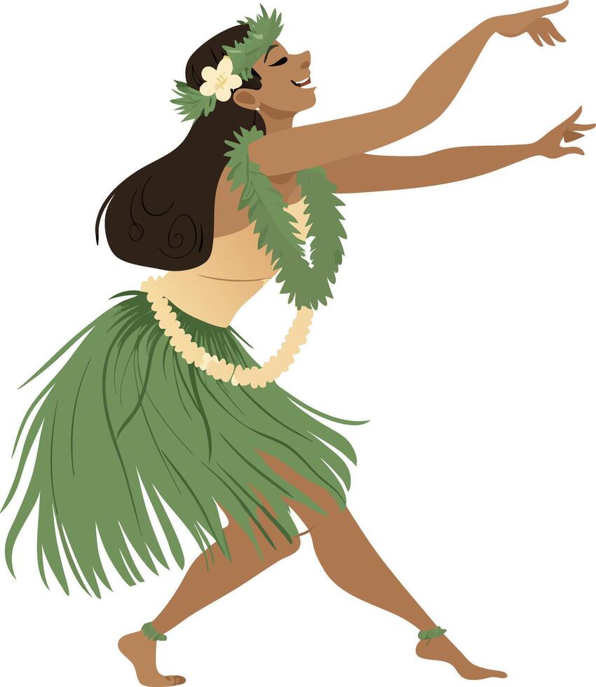Hula Dancer Performing Traditional Dance in Vibrant Green Attire with Floral Accents vector