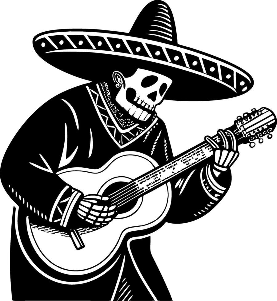 Skull Mariachi Musician with Guitar in Sombrero Traditional Mexican Culture Illustration vector