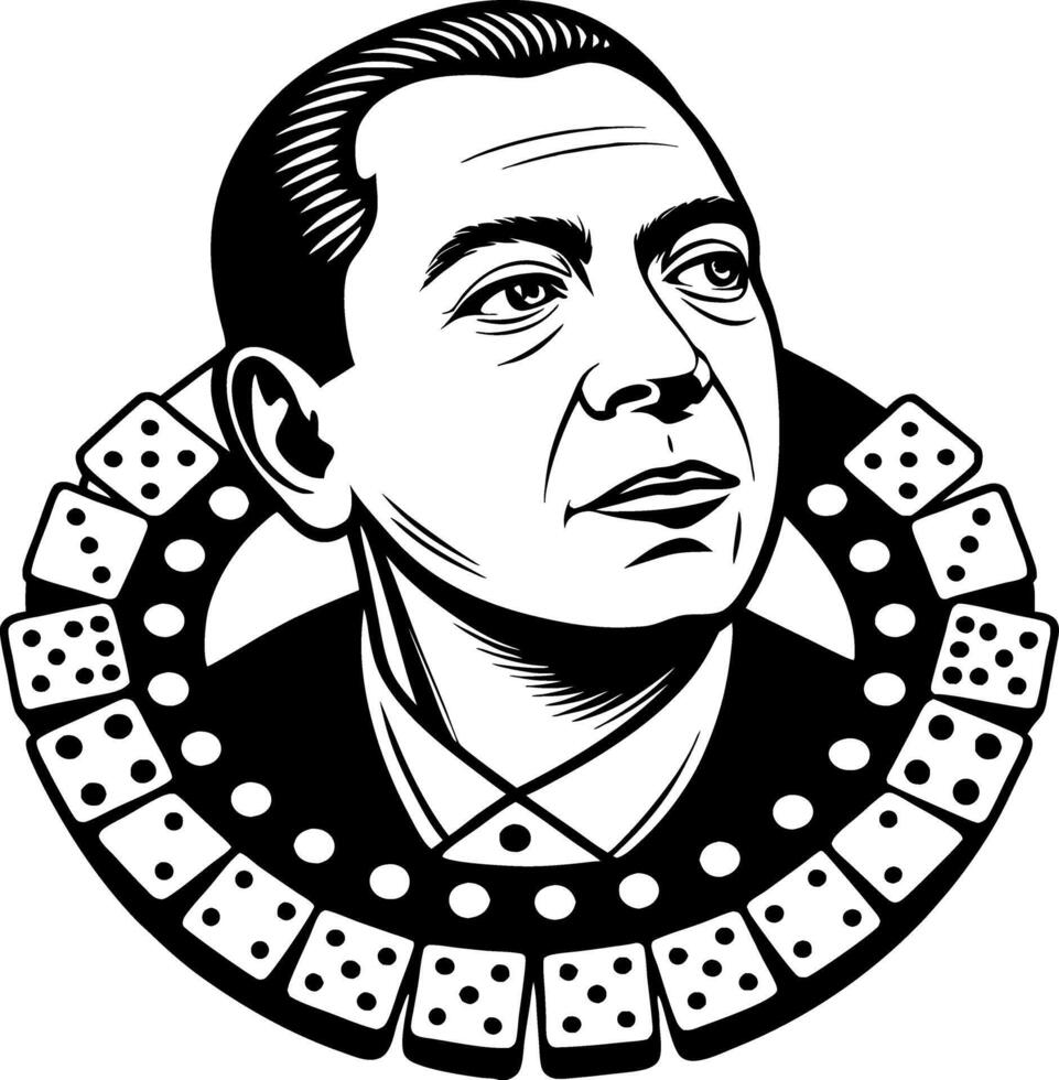 Stylized Black and White Portrait of a Man Surrounded by Casino Dice for Poker Themed Art vector