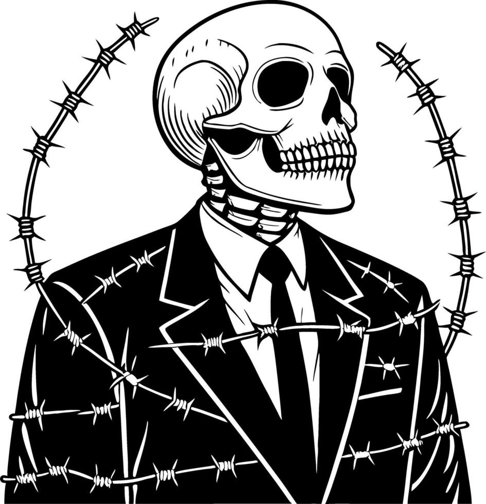 Stylized Skeleton in Suit Surrounded by Barbed Wire for Artistic Designs and Illustrations vector
