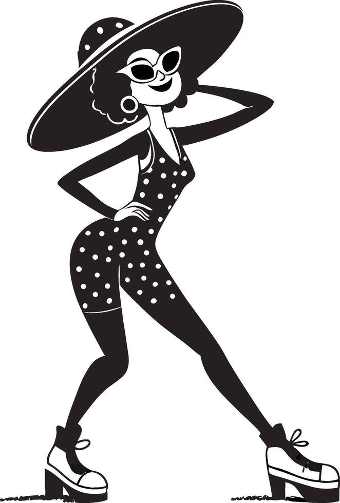Chic Vintage Fashionable Woman in Polka Dot Dress with Oversized Hat and Sunglasses Pose vector
