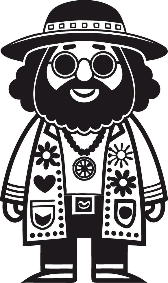 Cheerful Hippie Character Wearing Flower Patterned Coat and Hat for Fun Illustrations vector