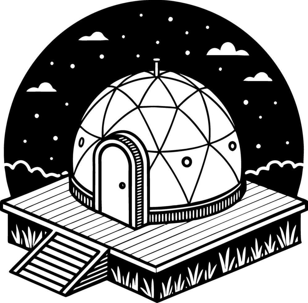 Geodesic Dome on Wooden Deck Under Starry Night Sky for Eco-Friendly Architecture Inspiration vector