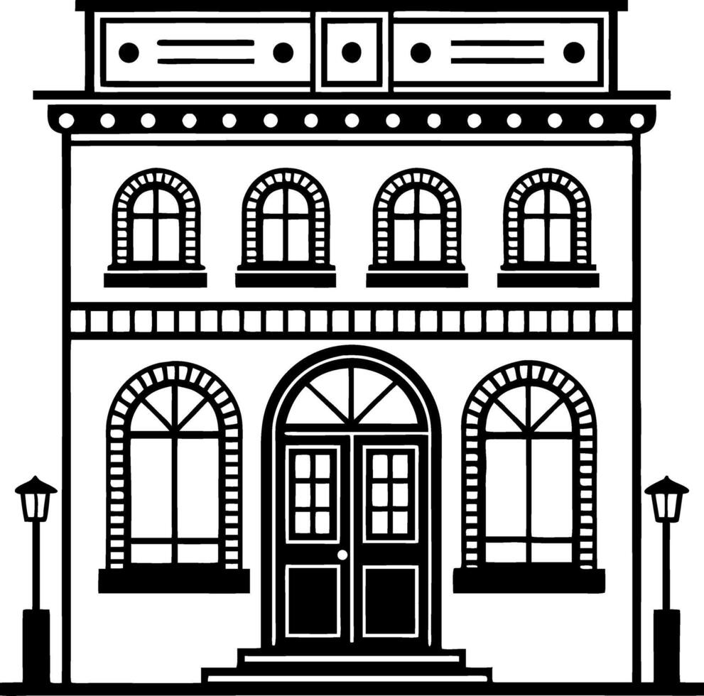 Architectural Line Art Vintage Building with Arched Door and Decorative Windows vector