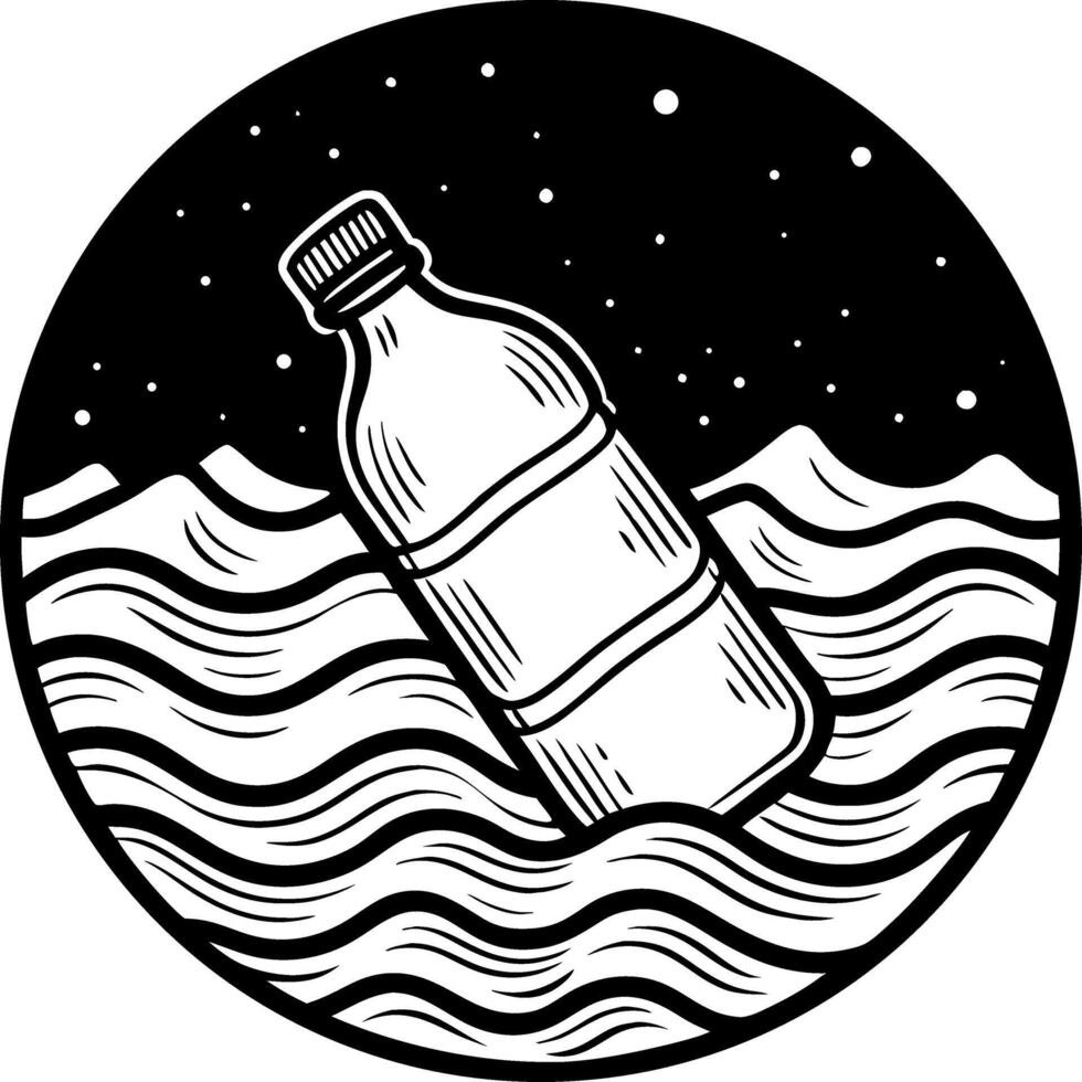 Floating Plastic Bottle in Ocean Waves Night Scene Creative Illustration for Eco Awareness vector