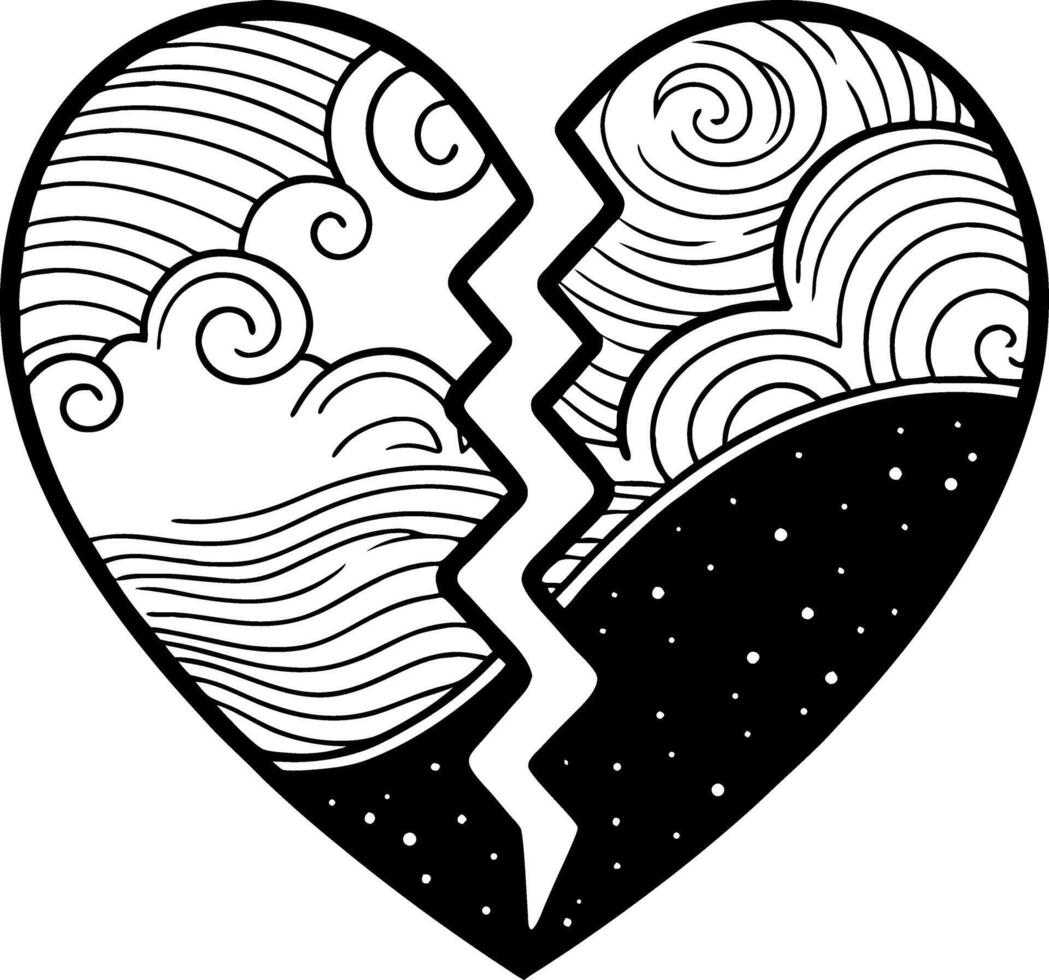 Broken Heart Design Featuring Waves and Clouds for Artwork and Tattoo Inspiration vector