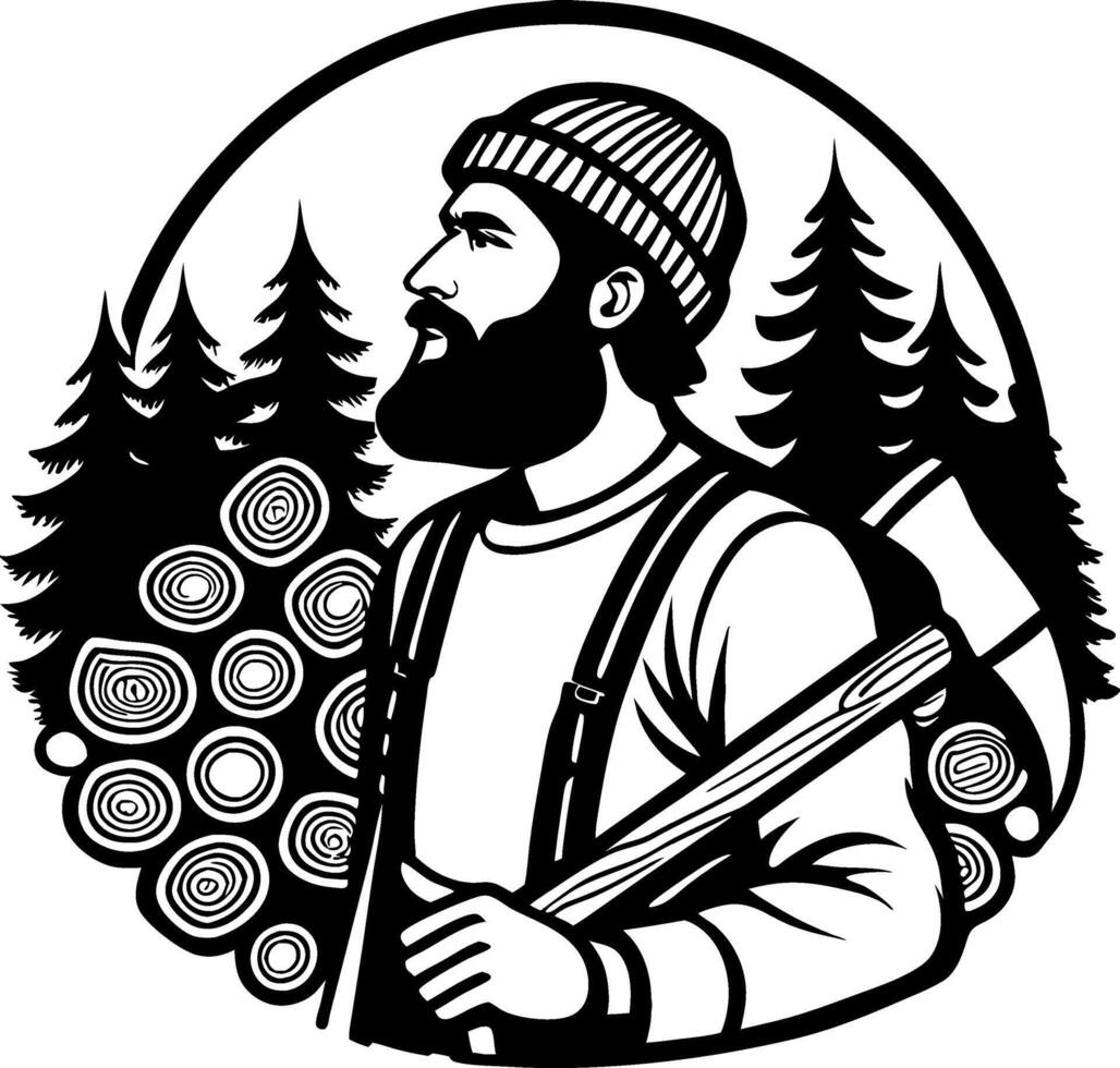 Rustic Lumberjack Portrait with Axe Surrounded by Pine Trees and Wood Logs for Outdoor Theme vector