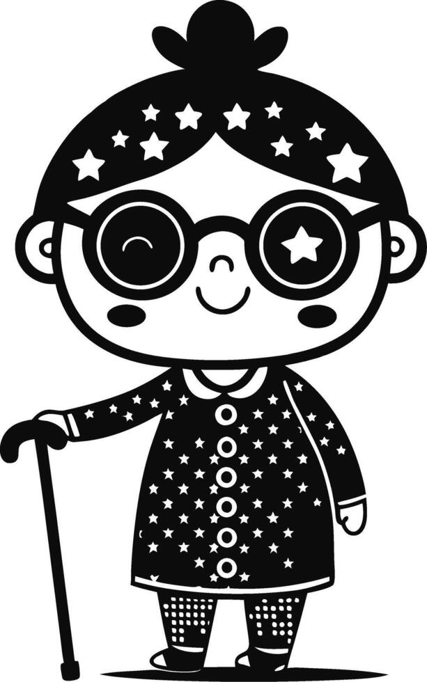 Whimsical Cartoon Grandmother Character with Starry Glasses and Cane for Inspirational Designs vector