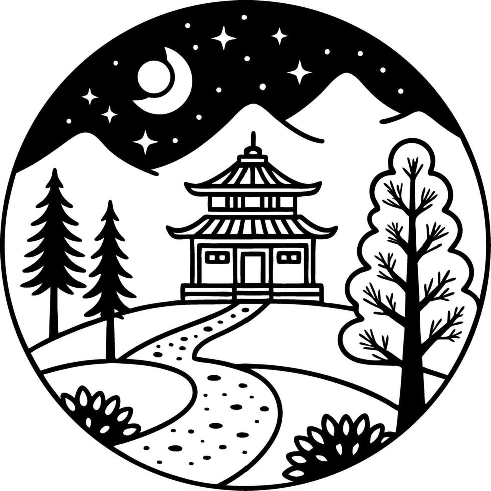 Serene Landscape with Traditional Pagoda Under Night Sky for Coloring Book and Tattoo Design vector