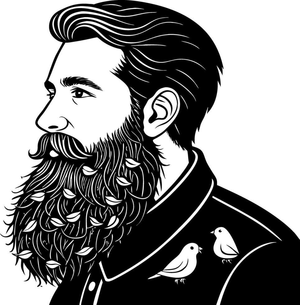 Stylized Black and White Portrait of a Bearded Man with Birds Illustrating Nature and Masculinity vector