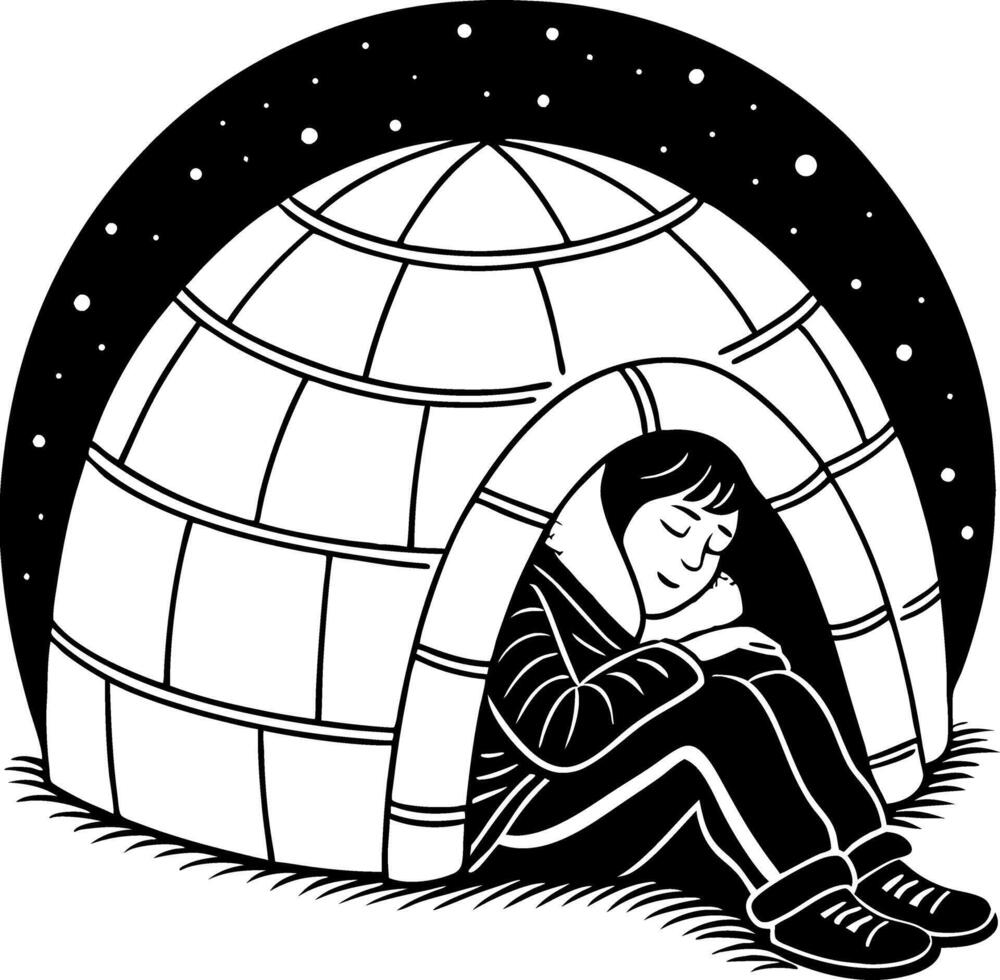 Cozy Child Snuggled Inside Igloo Under Starry Night Sky vector