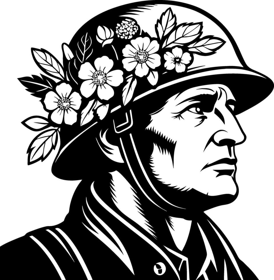 Soldier with Floral Crown Vintage Illustration for Tattoo Design and Graphic Projects vector