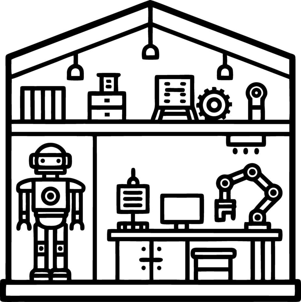 Robot Workshop Interior Design Featuring Robotic Arm and Industrial Equipment vector