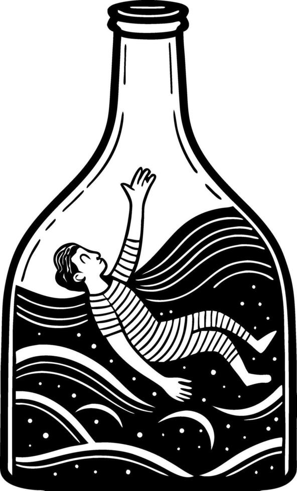 Boy Floating in Bottle Surrounded by Waves and Stars Perfect for Tattoo or Coloring Book Design vector