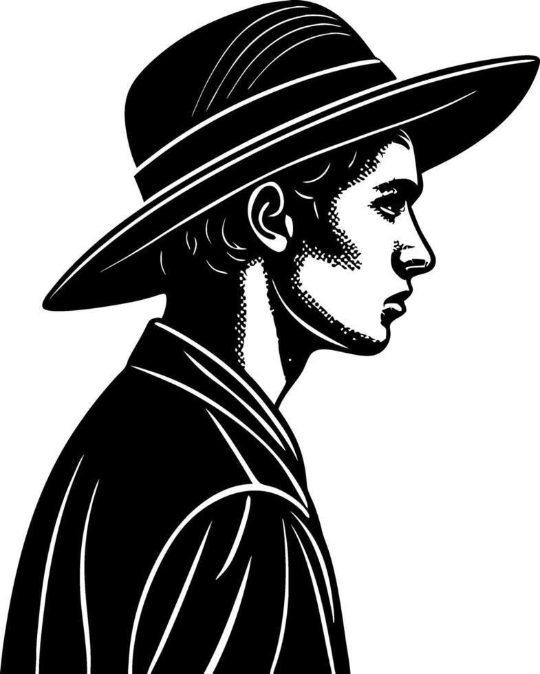 Detailed Profile Silhouette of a Young Man Wearing a Wide-brimmed Hat for Creative Designs vector