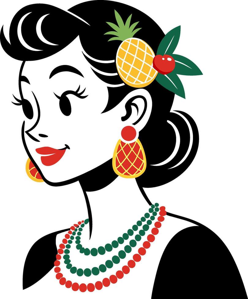Elegant Vintage Woman with Pineapple Accessories Retro Illustration for Fashion and Decor vector