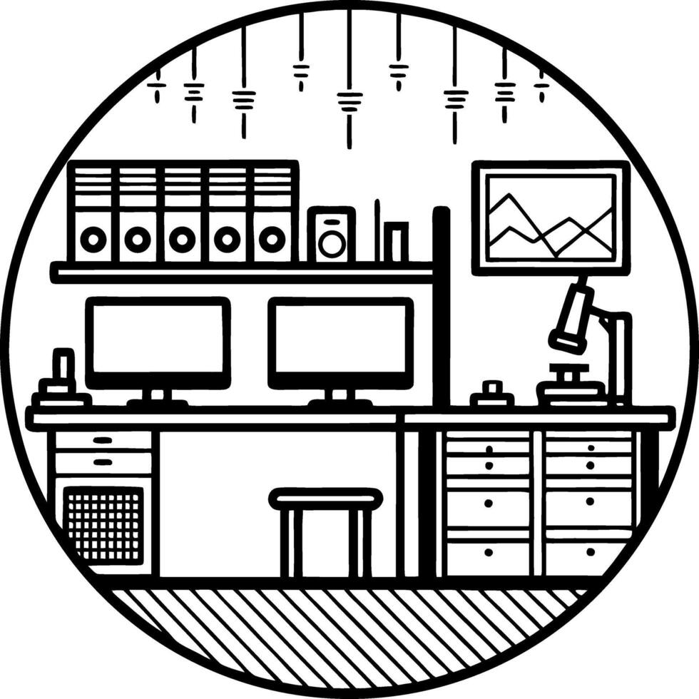Modern Workspace Illustration Featuring Desk Computers Shelves and Creative Tools for Design vector