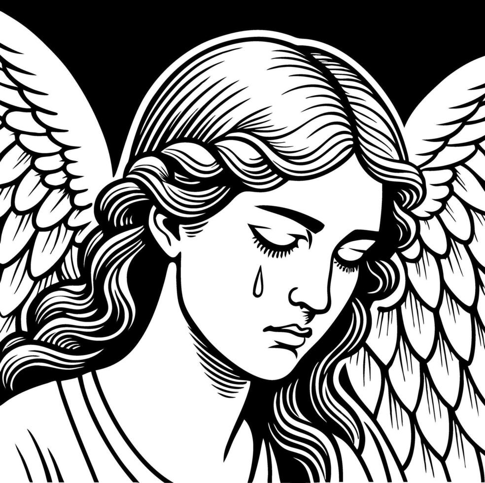 Grieving Angel with Teardrop Emphasizing Mourning and Reflection in Black and White Design vector