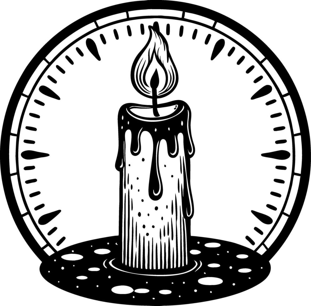 Dripping Candle Flame Surrounded by Circular Timepiece Graphic for Tattoo and Coloring Design vector