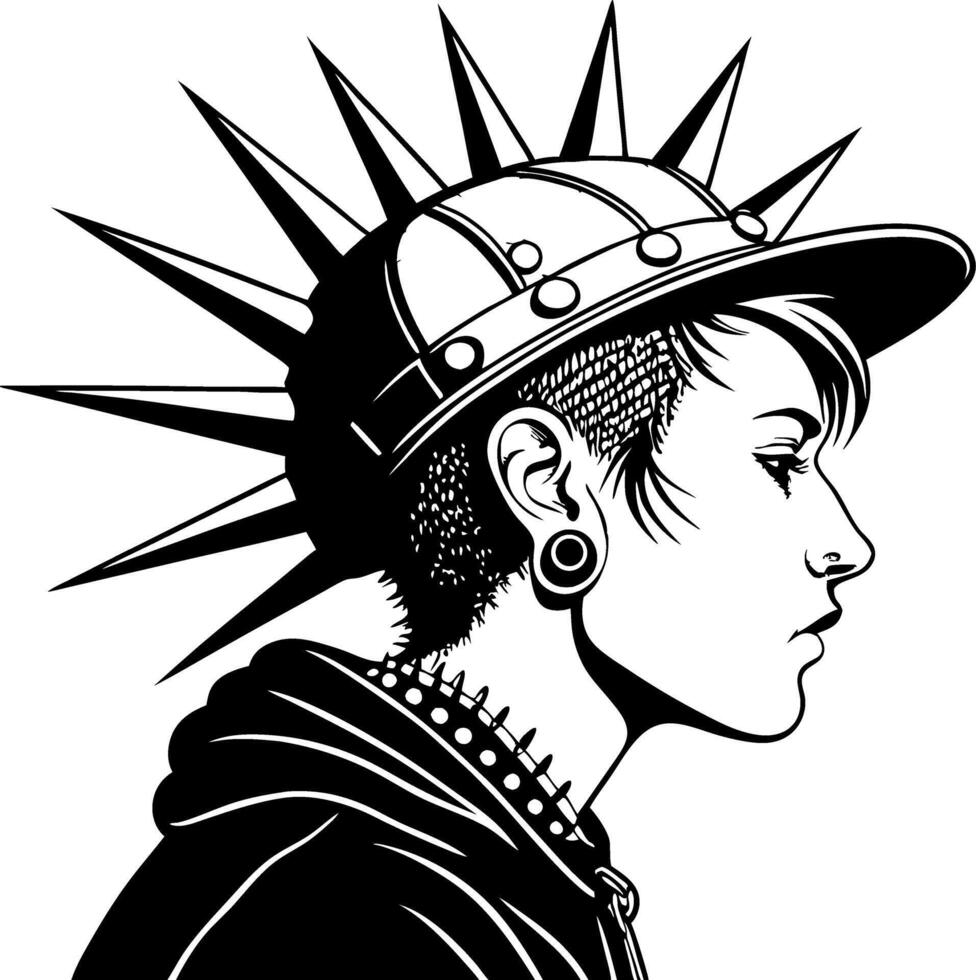 Edgy Punk Portrait with Spiked Hat and Short Hair for Tattoo and Design Inspiration vector