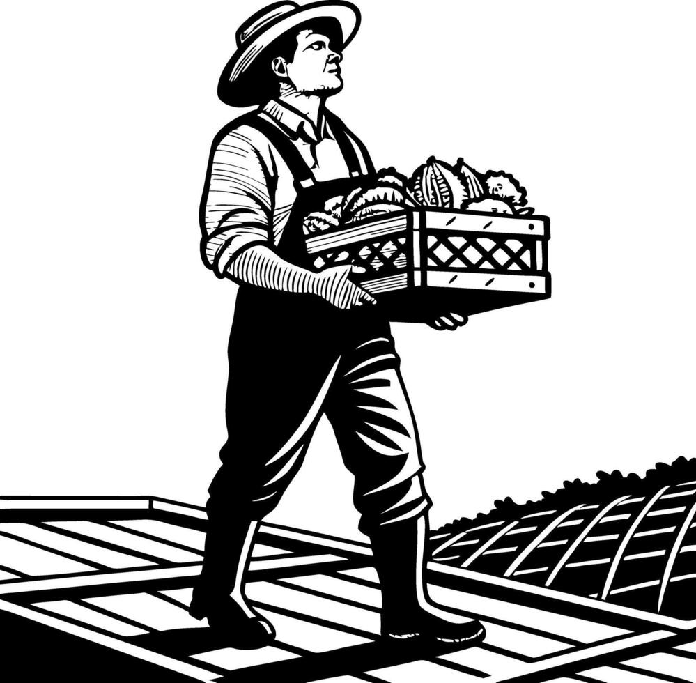 Farmer Carrying Harvest Basket of Fresh Vegetables and Fruits on Farm Terrain vector