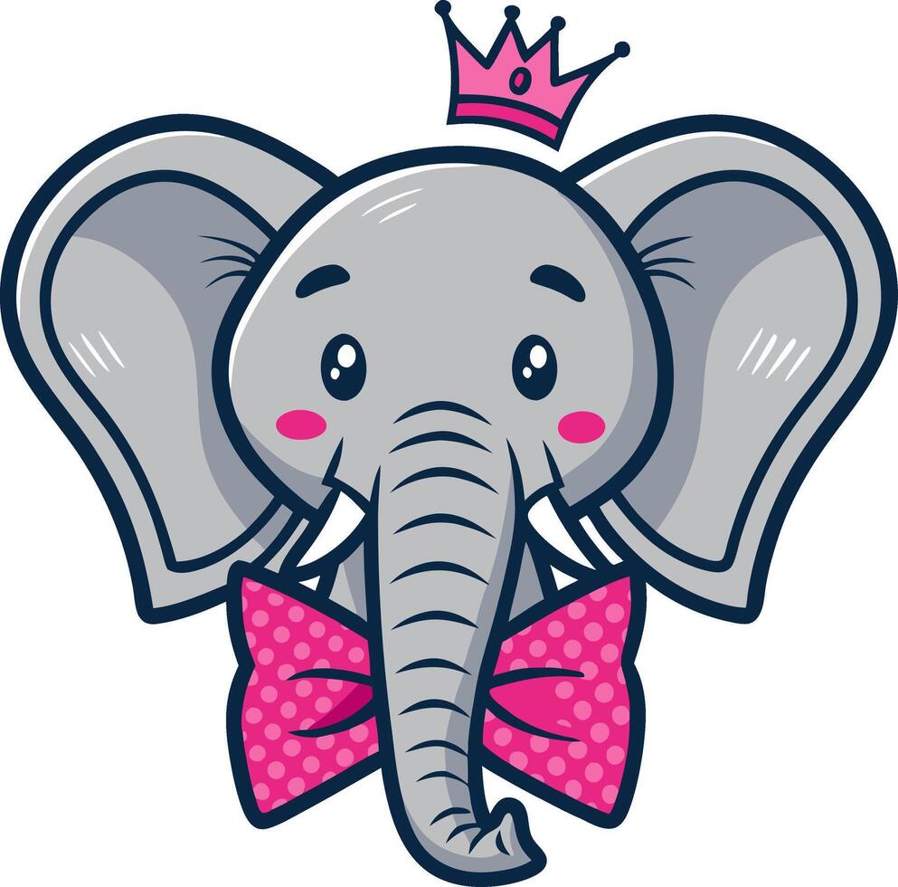 Cute Cartoon Elephant Character with Pink Bowtie and Crown for Kids Illustrations vector