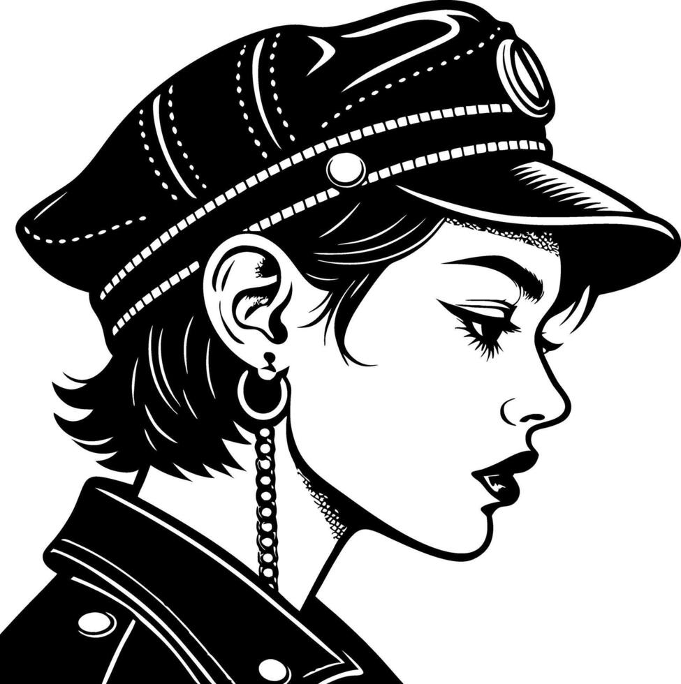 Stylish Female Profile in Cap with Earrings and Jacket Retro Illustration for Tattoo and Design vector
