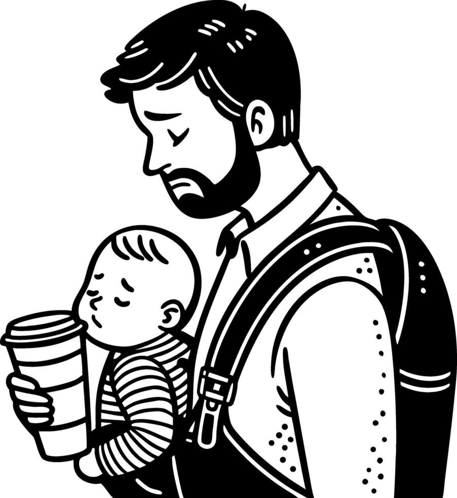 Caring Father Holding Baby and Coffee in Stylish Baby Carrier for Parenting Themes vector