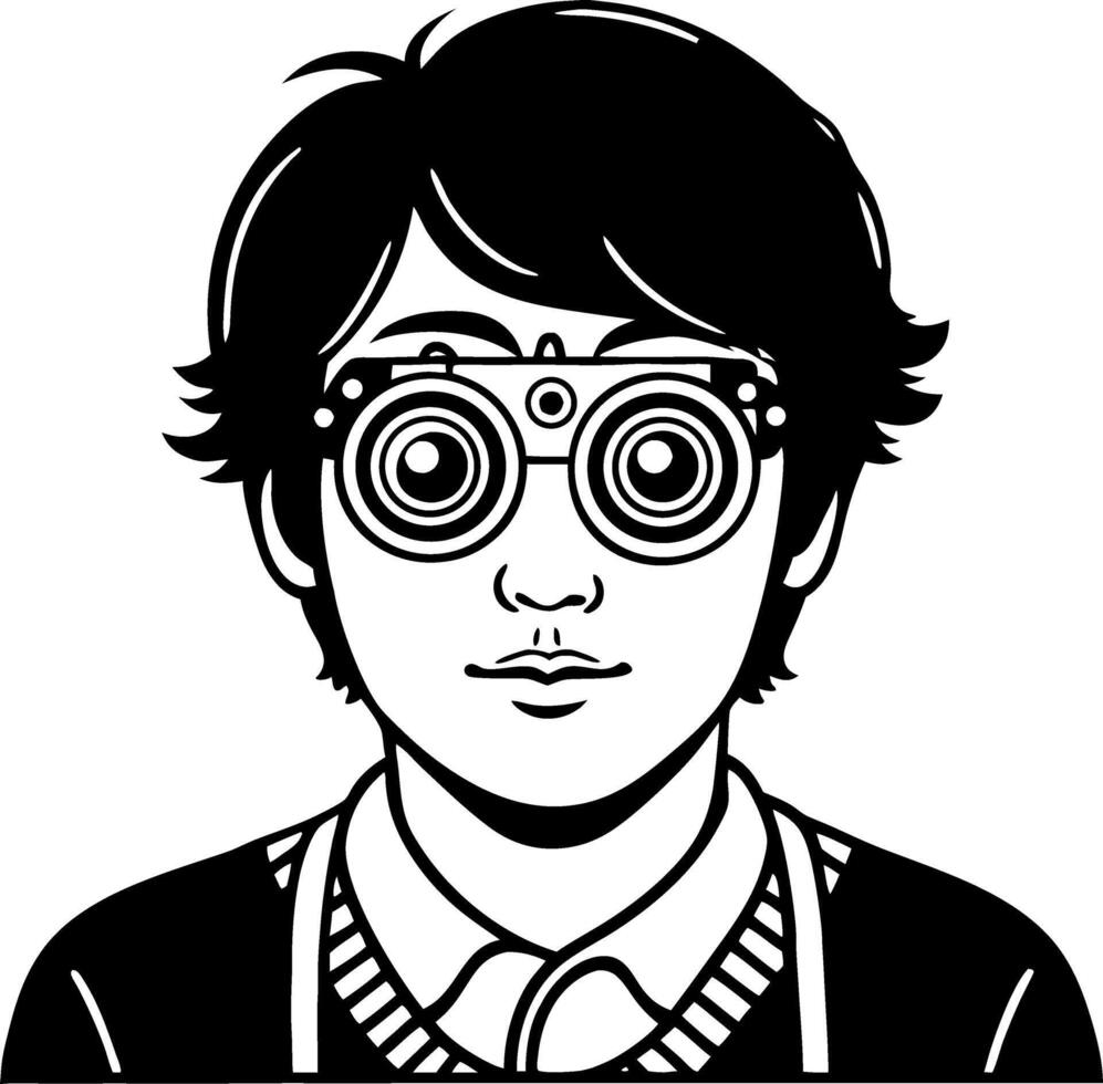 Boy Wearing Unique Optical Glasses with Circular Lenses for Science and Education Themes vector