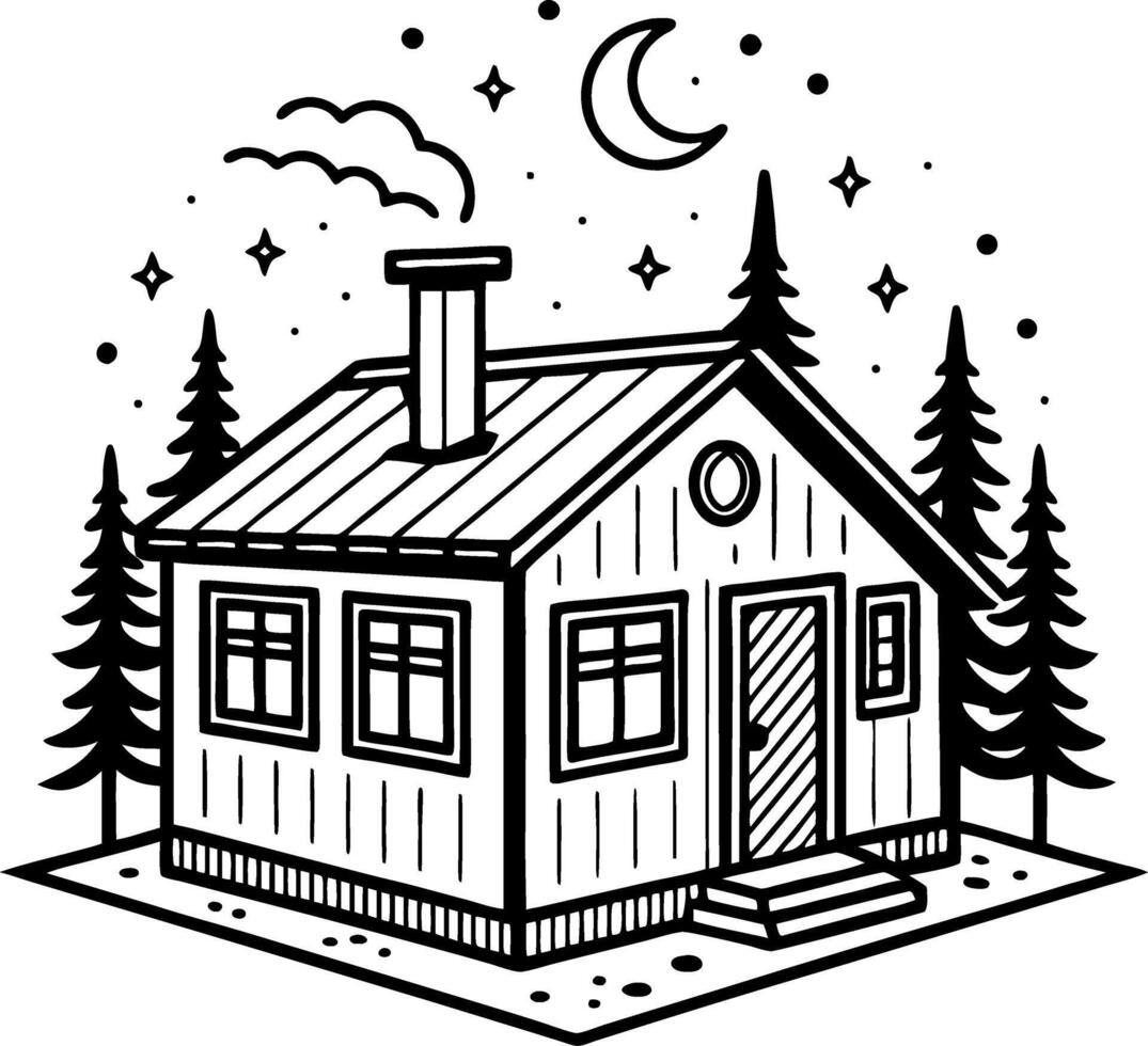 Charming Cabin in the Woods Surrounded by Pine Trees Under a Starry Night Sky vector