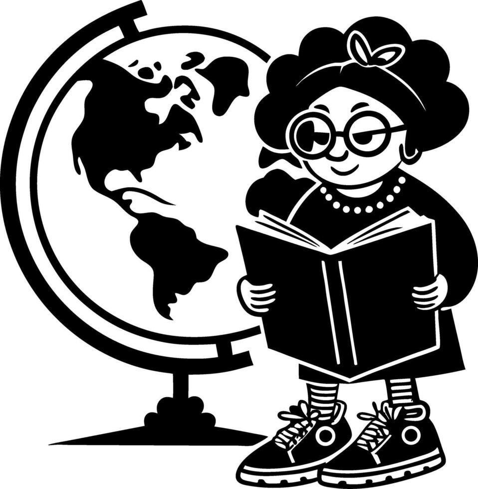 Grandmother Reading Book with Globe Educational Design for Kids Learning and Coloring Activities vector