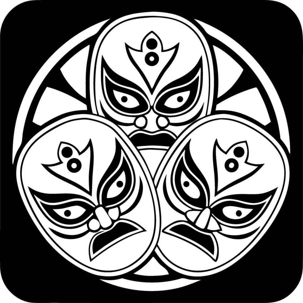 Intricate Black and White Illustration of Three Dynamic Masks for Cultural Art Applications vector