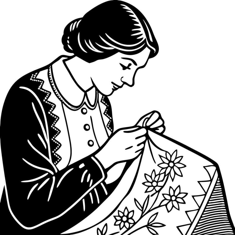Woman Embroidering Floral Patterns Traditional Sewing Crafting Design vector