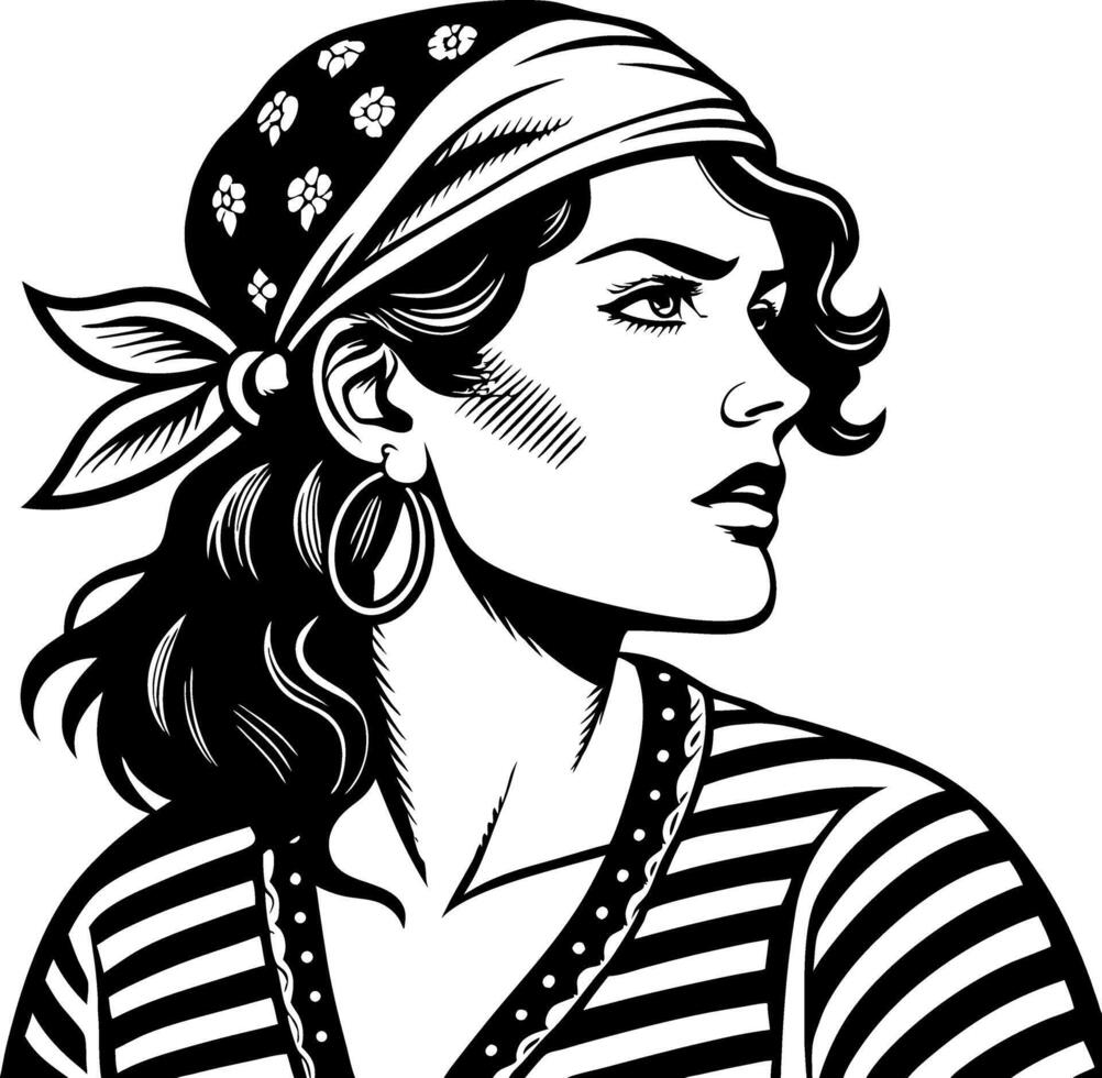 Vintage Inspired Female Pirate Portrait with Headscarf and Striped Shirt for Creative Projects vector