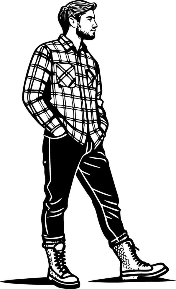Stylish Male Figure in Flannel Shirt and Boots Walking Illustration for Fashion Design vector