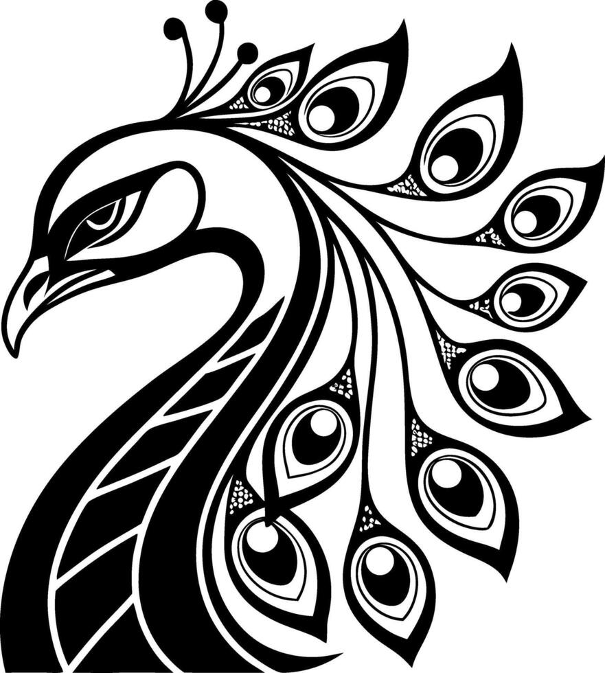 Elegant Black and White Peacock Illustration with Intricate Feather Details for Art Projects vector