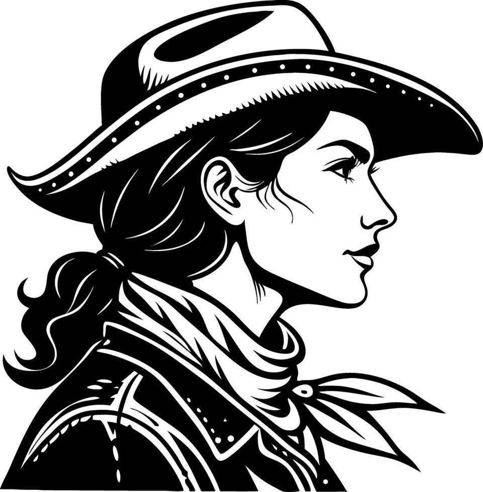 Cowgirl Profile Silhouette Vintage Style Illustrative Design for Apparel or Tattoo Art vector