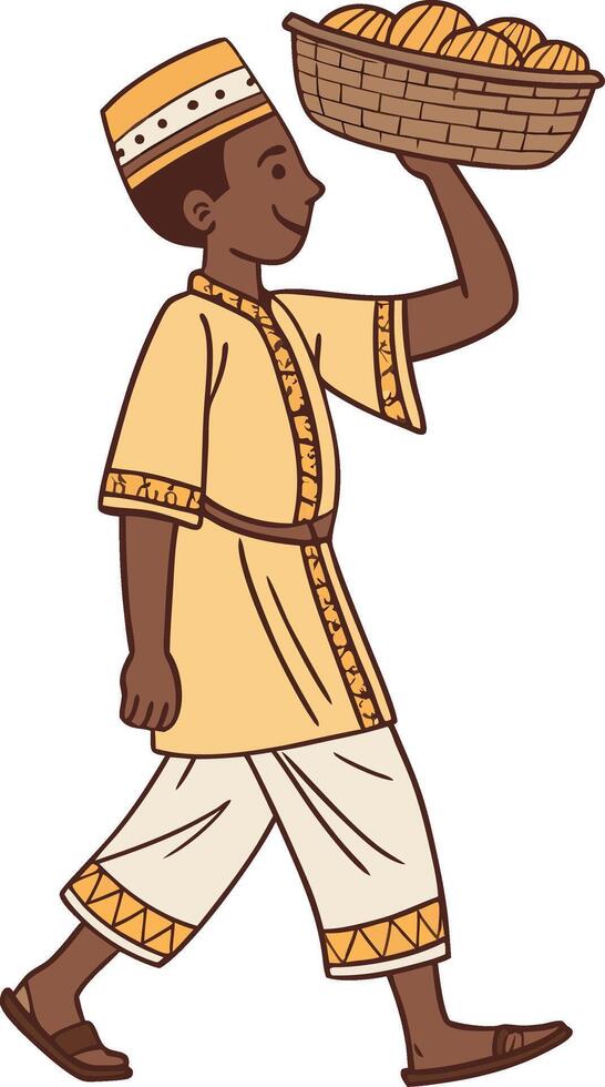 African Youth Carrying Basket of Bread Traditional Clothing Illustration vector
